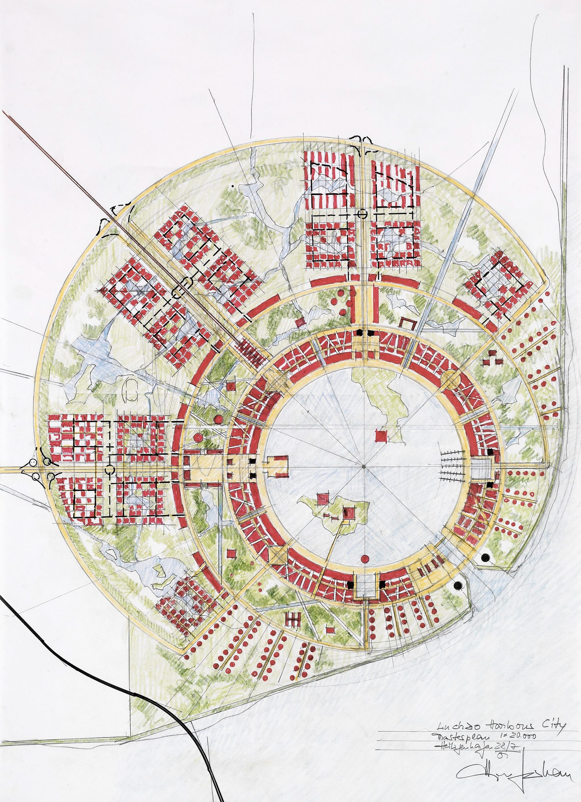gmp's hand-coloured masterplan drawing for Lingang New City, Shanghai: the 2.5 km circular Dishui Lake at the centre with concentric 'ripple' rings and radial wedges of development.
